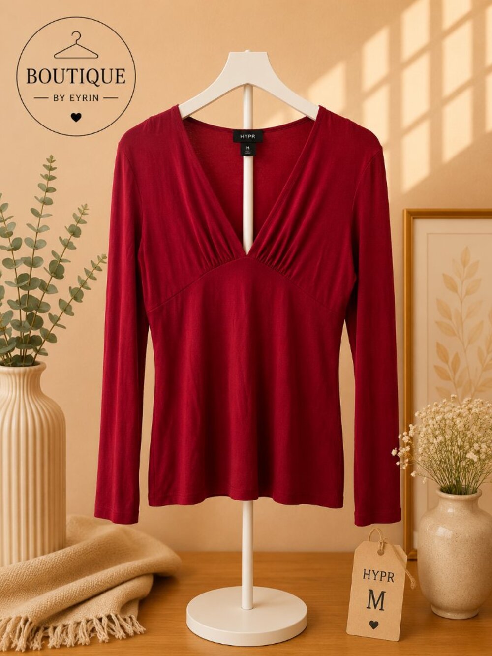 Mercer & Madison Long Sleeve V-Neck Top – Deep Red | Size Medium (M)